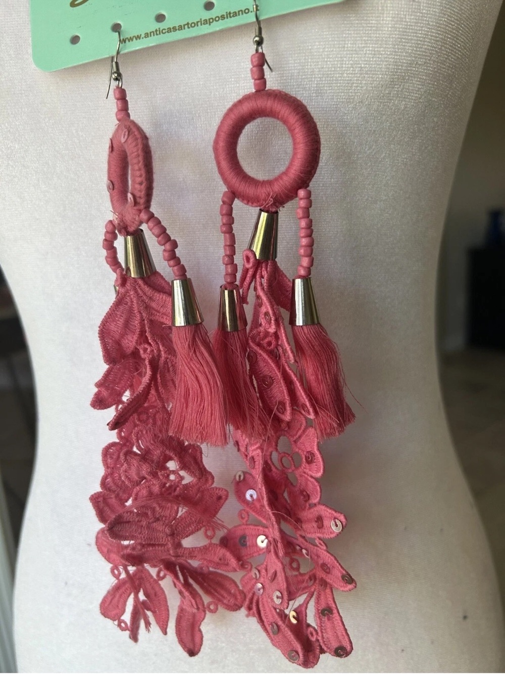 Antica Sartoria Pink Lace Tassel Drop Earrings with Bead and Gold Accents NWT